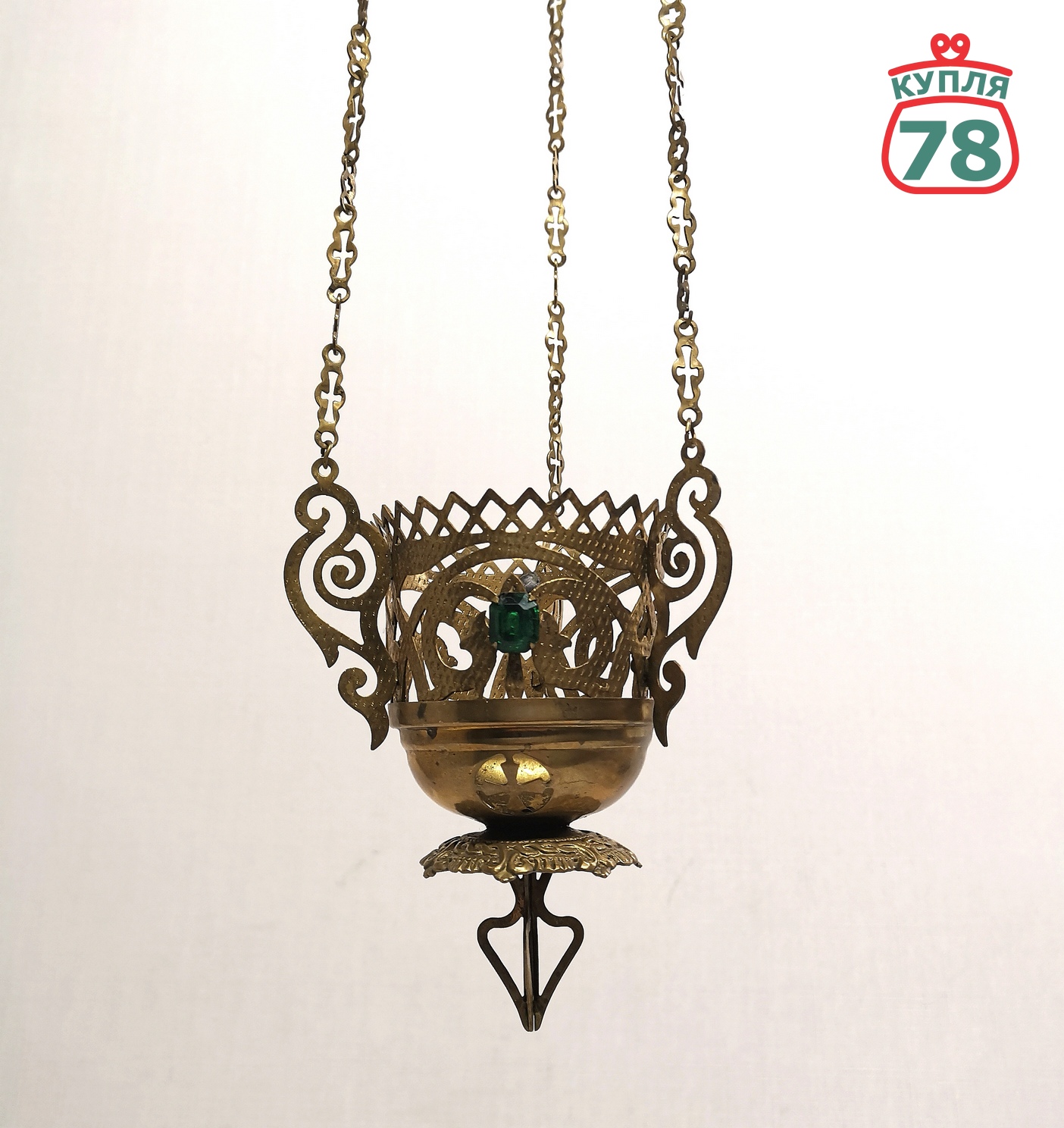 Лампадка старинная латунь подвесная с кабашонами / 3055