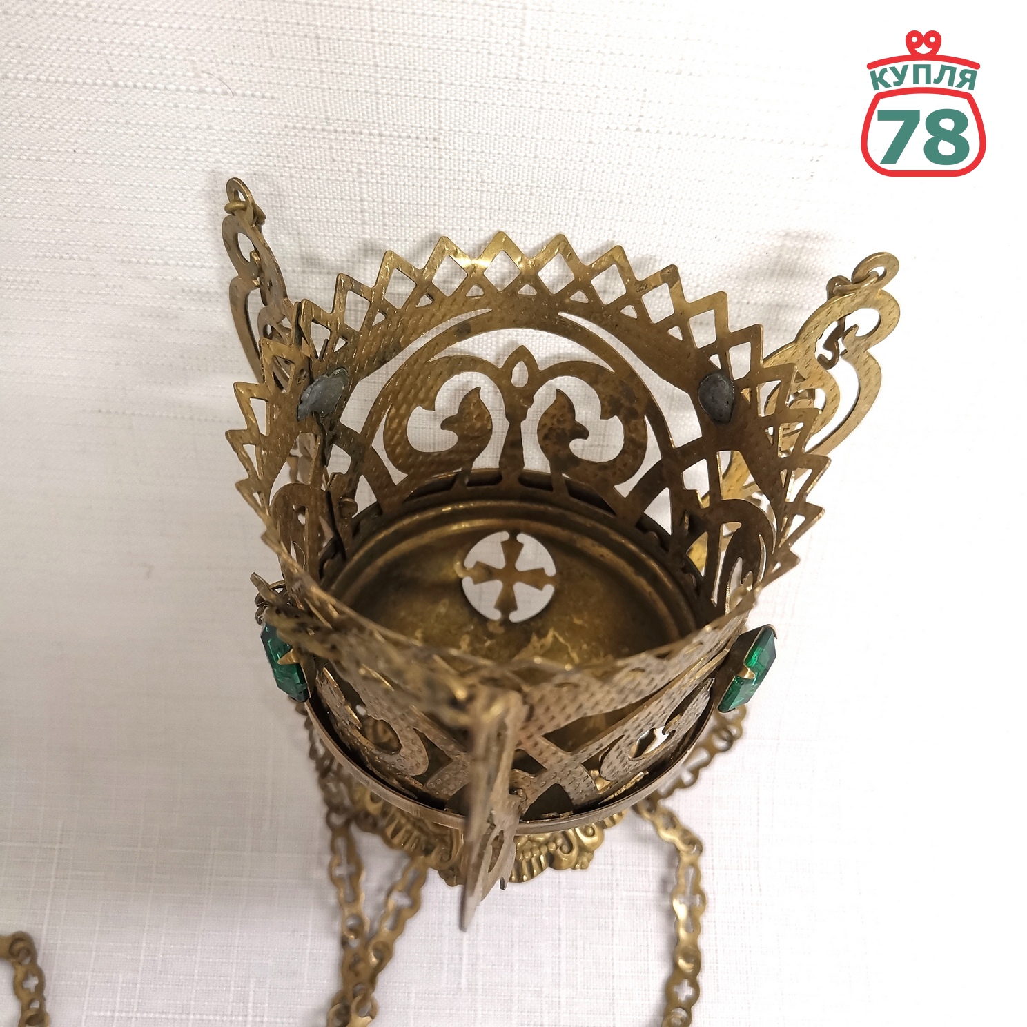 Лампадка старинная латунь подвесная с кабашонами / 3055 — изображение 3